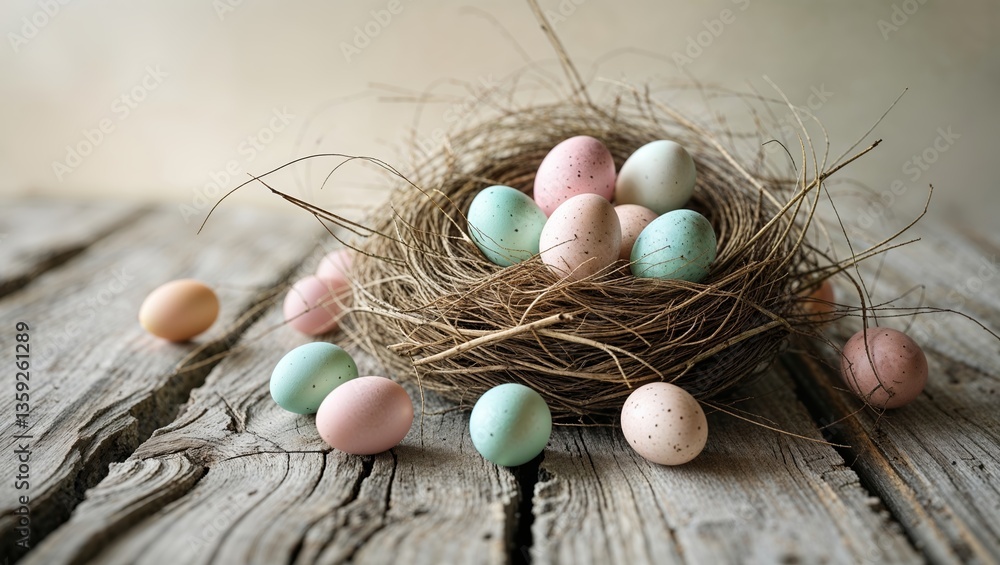Aufkleber colorful eggs nestled in a rustic nest on a weathered wooden table creating a serene spring atmosphe