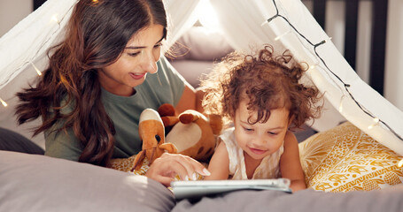 Tent, mom and tablet with girl in home for bonding together, games app and connection with trust. Tech, woman and fun activity with toddler in blanket fort for happy relationship, love or care