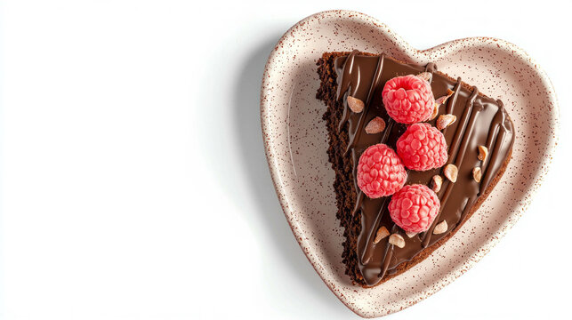 Heart-shaped genoise cake with chocolate and raspberries on speckled plate for dessert inspiration