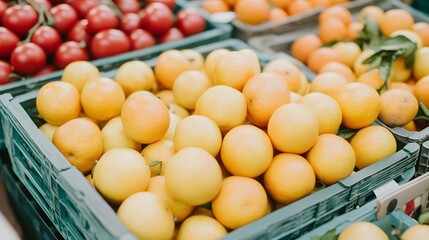 Fresh Juicy Oranges and Tomatoes at Farmers Market