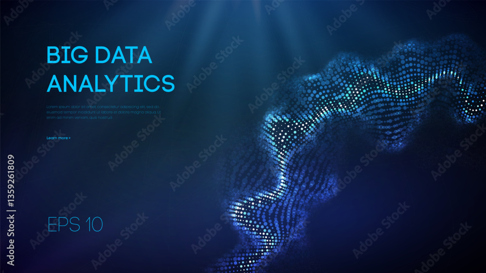 Poster big data analytics visualization with glowing blue wave of circular digital particles on dark backgr