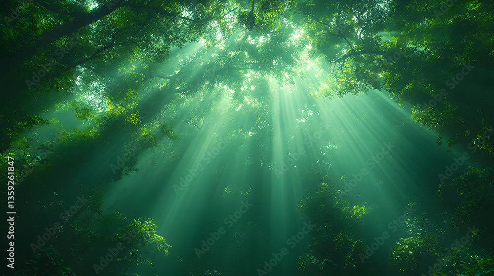 Poster lush canopy and sunlight: captivating image captures the ethereal dance of sunlight filtering throug