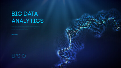 Big data analytics visualization with glowing blue wave of circular digital particles on dark background, abstract data sphere and futuristic network grid.