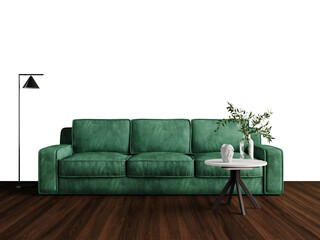 Free PNG wallpaper mockup Stylish green sofa in a modern living room with wooden floors in Interior...