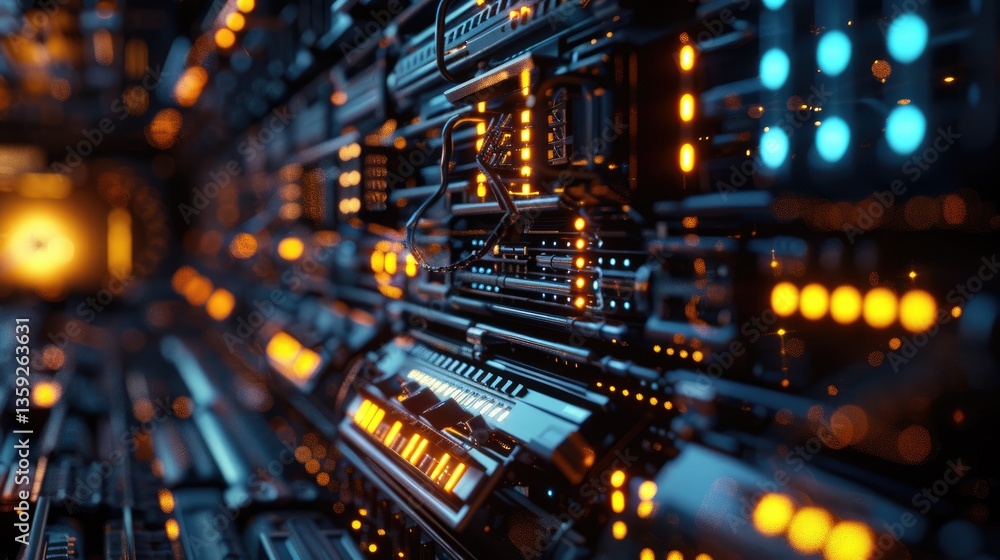 Poster explore the intricate details of a high-tech data center, showcasing cables and glowing lights in a 