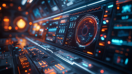 Fototapeta premium Futuristic control panel displaying technology with glowing interfaces 