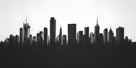 Naklejka premium Cityscape Silhouette: A monochromatic silhouette of a vibrant cityscape showcases an array of buildings, exuding a sense of scale and sophistication. Explore the concrete jungle with skyscrapers.