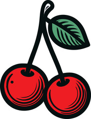 Classic Cherry Design, This image presents a classic illustration of two cherries connected by their stems, accompanied by a detailed green leaf. The cherries are depicted with bold black outlines