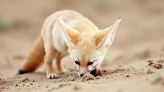 A fennec fox digs in the sand with its paws, searching for insects or small prey, its oversized ears flicking at every sound in the quiet desert