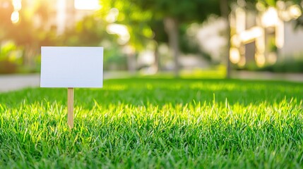 A blank sign stands on vibrant green grass, illuminated by soft sunlight, suggesting a serene outdoor setting.
