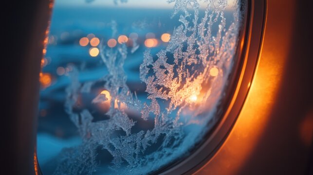 Frozen Window Pane: An Aerial View of City Lights at Sunset