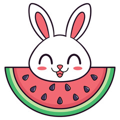 Cartoon Bunny with Watermelon Slice Cute White Rabbit with Pink Ears and Black Seeds