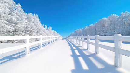 Fototapeta premium snow-dusted wooden fence leading into frosty forest with long shadows stretching across pristine ground under clear