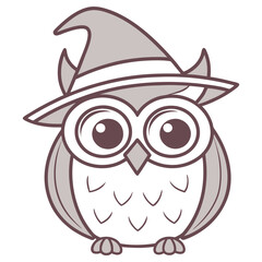 Cartoon Owl Wearing Witch Hat with Horns, Big Eyes, Feathers, Funny Animal Design