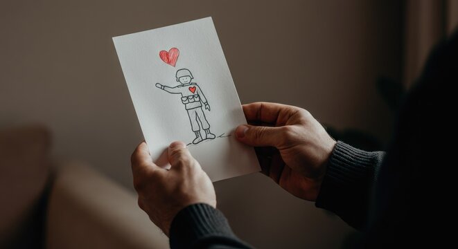 Hands holding drawing of soldier with heart symbol above