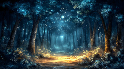 Fototapeta premium A mystical forest bathed in moonlight fireflies flicker around trees a pathway inviting exploration and wonder under a