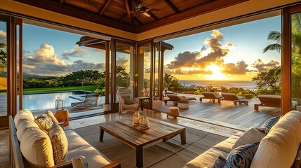 Luxury villa showcasing airy open-plan living, stylish outdoor lounge with wood and metal accents, golden sunset hues, wide perspective blending indoor-outdoor spaces. 