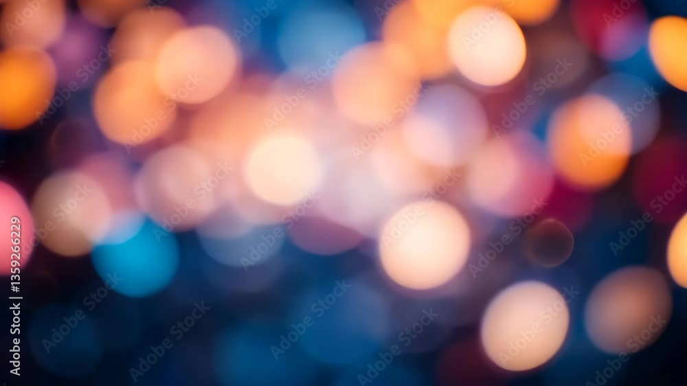 Poster abstract bokeh light spheres in varied colors on dark blue backdrop creating festive atmosphere