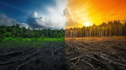 A forest scene depicts deforestation and contrasting environments perfectly