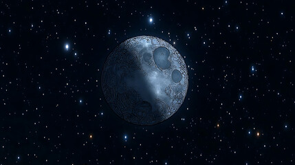 Obraz premium A night sky filled with bright stars features an intricately decorated moon glowing softly against the deep blue cosmic