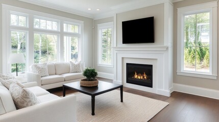 Fototapeta premium Modern Minimalist Living Room with Cozy Fireplace and Natural Light in Bright Color Palette