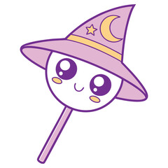 Cute Kawaii Lollipop with a Wizard Hat, Smiling Face, Purple Accents, Fantasy Treat
