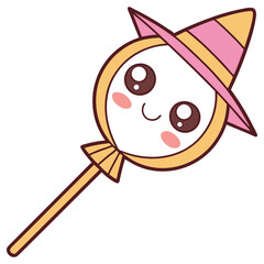 Kawaii Character Round Face with Witch Hat on Stick, Smiling Expression, Pink Cheeks