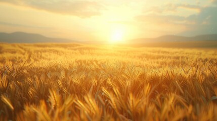 Obraz premium Golden wheat field at sunset with a dramatic sky. Abstract artwork of golden rive field or wheat field landscape or farm in harvest season at sunset. Landscape photo. Farming and harvesting. AIG51.