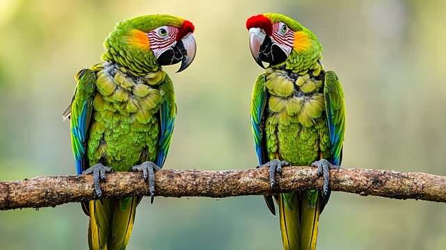 Captivating close-up of two green macaw parrots perched together on a branch in the wild