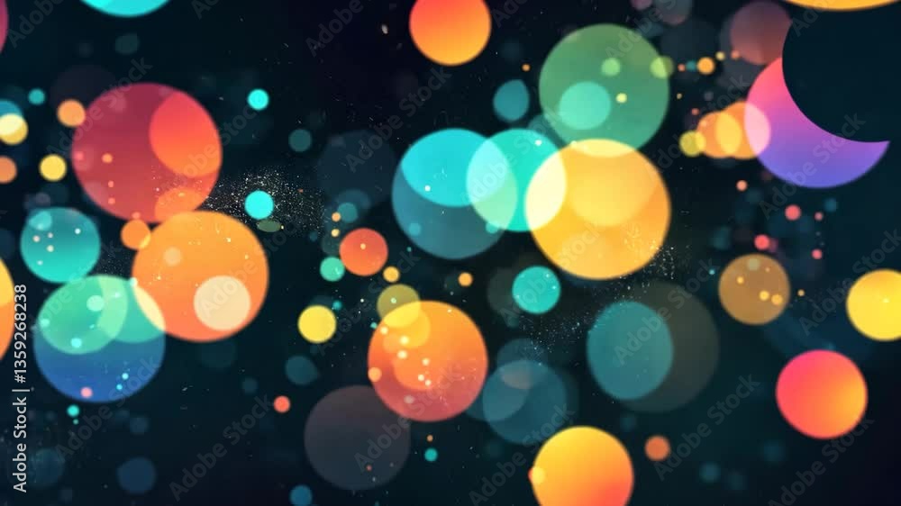 Poster abstract colorful bokeh circles over dark blue background with artistic blurred sparkles