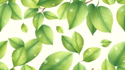 A seamless pattern featuring fresh, dewy spring leaves with a soft, natural watercolor texture.