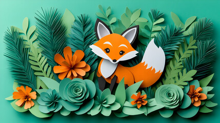 A paper-cut fox surrounded by plants and flowers vibrant tones creating a charming and whimsical scene crafted with m