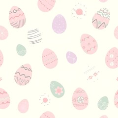 A seamless pastel geometric pattern featuring a variety of decorated Easter eggs, each with different line patterns, dots, and floral elements.