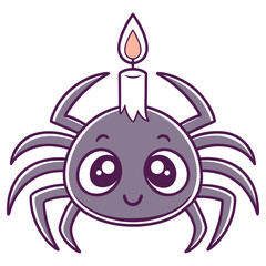 Cute Cartoon Spider with a Candle Hat, Funny Halloween Character, Isolated on White