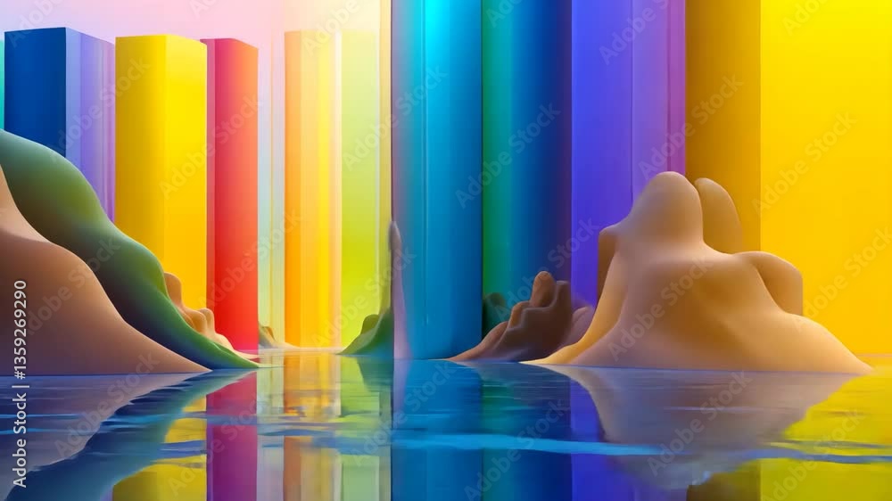 Aufkleber abstract composition of colorful columns reflections in water with mountains