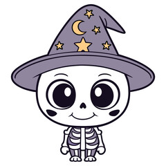 Cute Cartoon Skeleton in Witch Hat, Smiling Character for Spooky Halloween