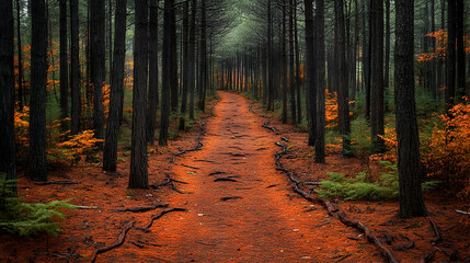 Obraz premium A path cuts through a dense forest covered in fallen pine needles leading into the distance with autumnal colors