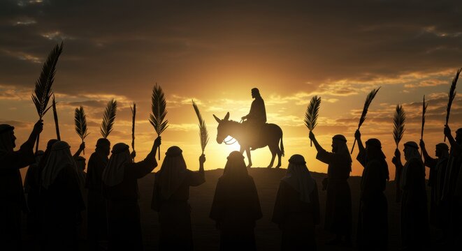 Palm Sunday: Jesus Christ on a donkey, people greet him with palm branches. For Christian church publications, printed publications, Bible magazines