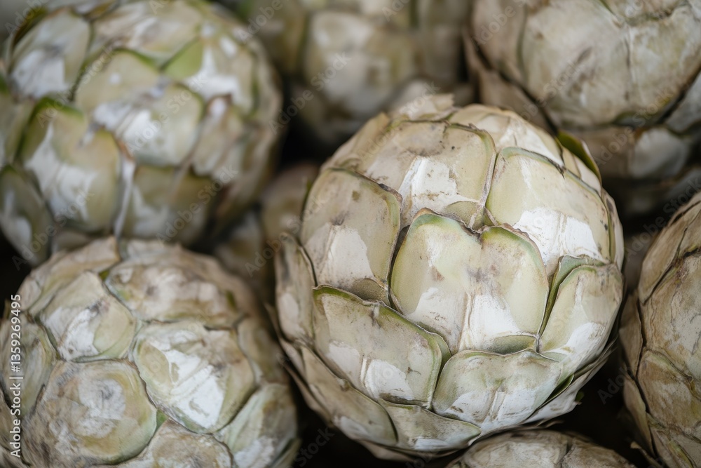 Poster a close up shot of multiple artichokes clustered together showing the texture and detail of the vege