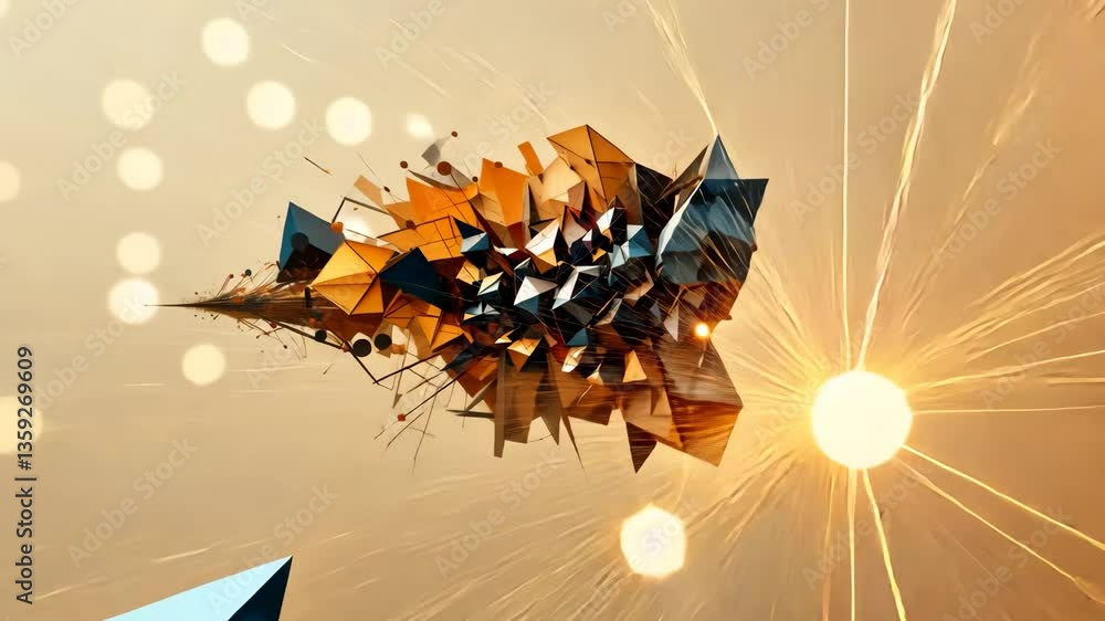 Poster abstract composition of exploding geometric shapes in shades of orange and blue with beige blurred b