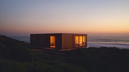 Fototapeta premium Minimalist wooden beach house illuminated by golden sunset, ocean waves softly rolling beyond, lush natural surroundings