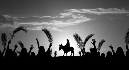 Palm Sunday: Jesus Christ on a donkey, people greet him with palm branches. For Christian church publications, printed publications, Bible magazines