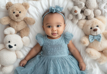 Adorable Baby Girl Lying on White Bed with Plush Toys