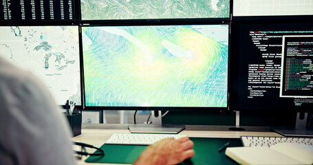 Screen, weather and hand for broadcast data with news, research or reporter. Presenter man, ecology...