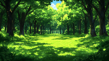 Fototapeta premium A path through a forest of tall trees leads into a clearing with sunlit grass in a lush green landscape under a partly