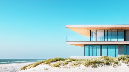 Obraz premium Modern beach house, striking design with glass and wood elements, surrounded by sand and sea, vibrant summer light 