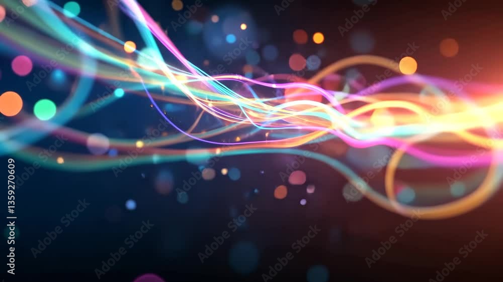 Poster abstract digital art with colorful flowing light trails and bokeh on dark background