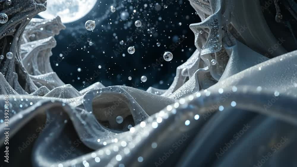 Poster abstract crystalline structures with sparkling droplets under a full moon in dark space