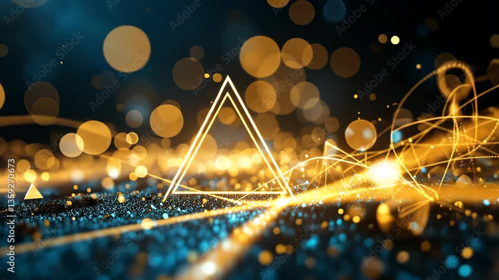 Poster abstract digital art with glowing golden lines triangle and bokeh on black background