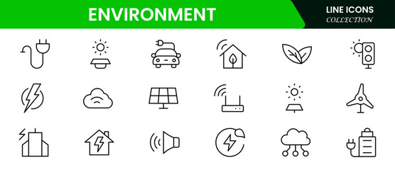 Ecology and Environment Related Vector Line Icons. Contains such Icons as Electric Car, Global Warming, Forest, Recycle, Nuclear power, Pollution.